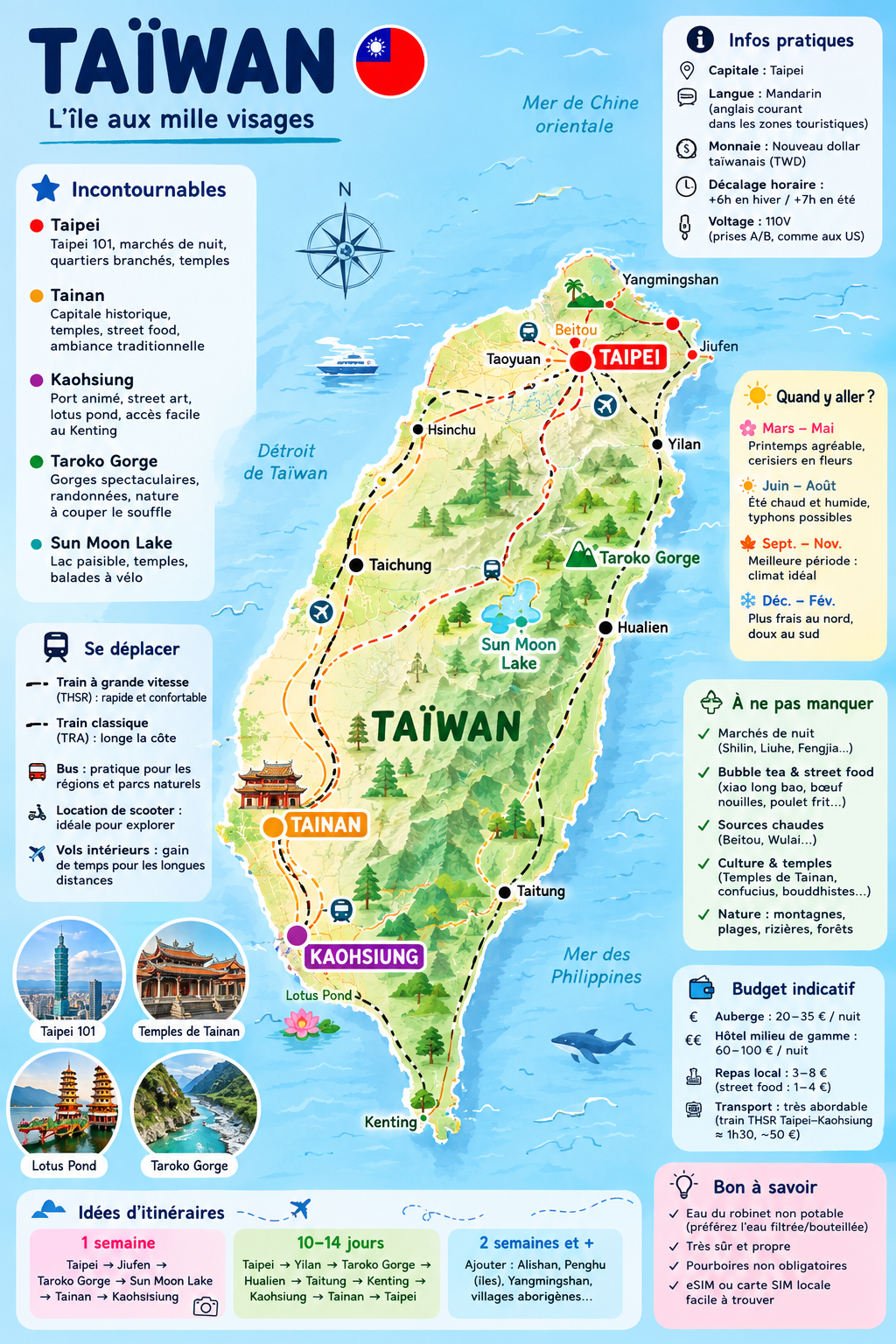 Carte de Taïwan avec Tainan et Taipei situées