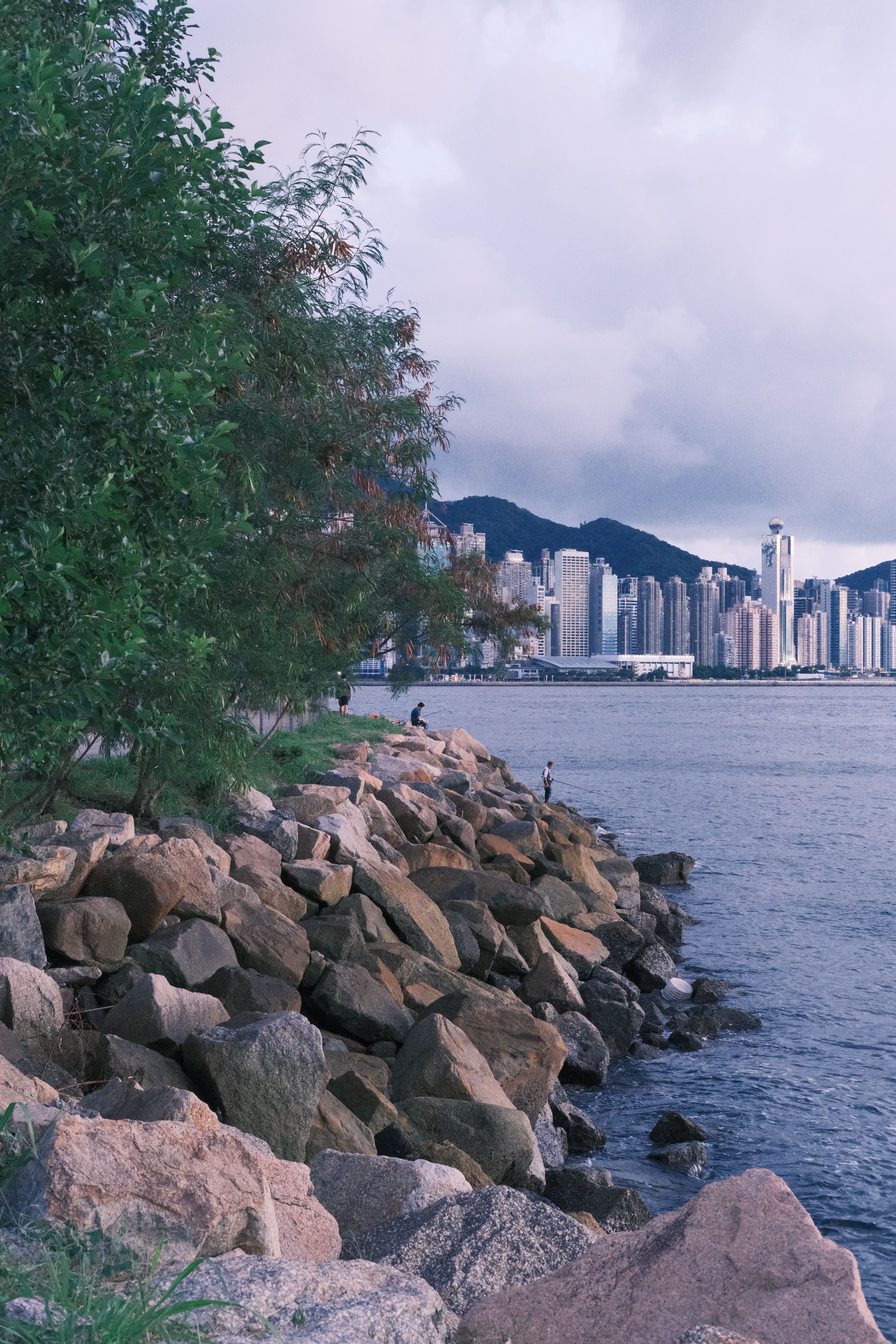 Skyline de Hong Kong vue depuis un rivage rocheux, pêcheurs au premier plan