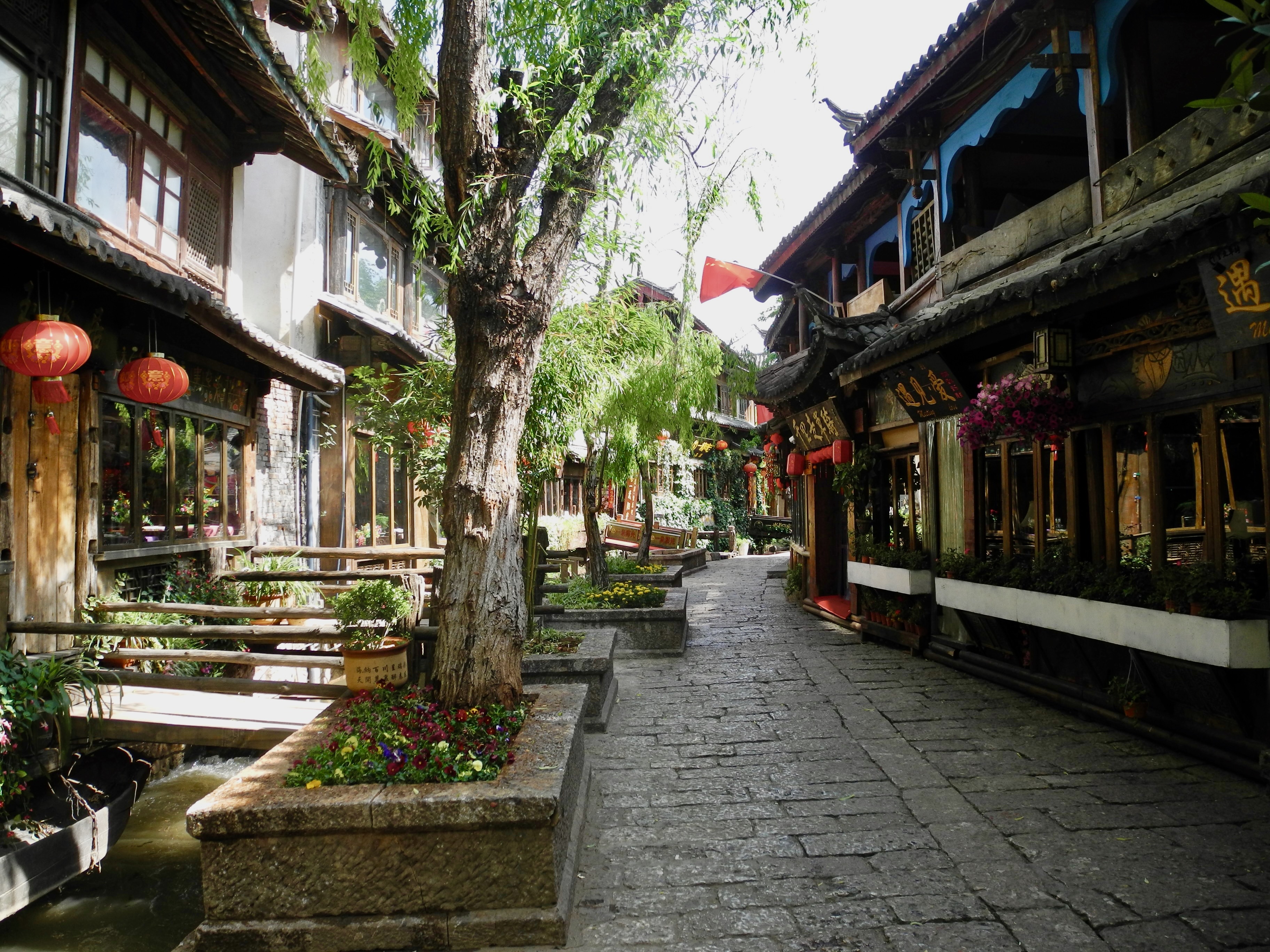 Ruelle pavée de la vieille ville de Lijiang, lanternes rouges et façades en bois