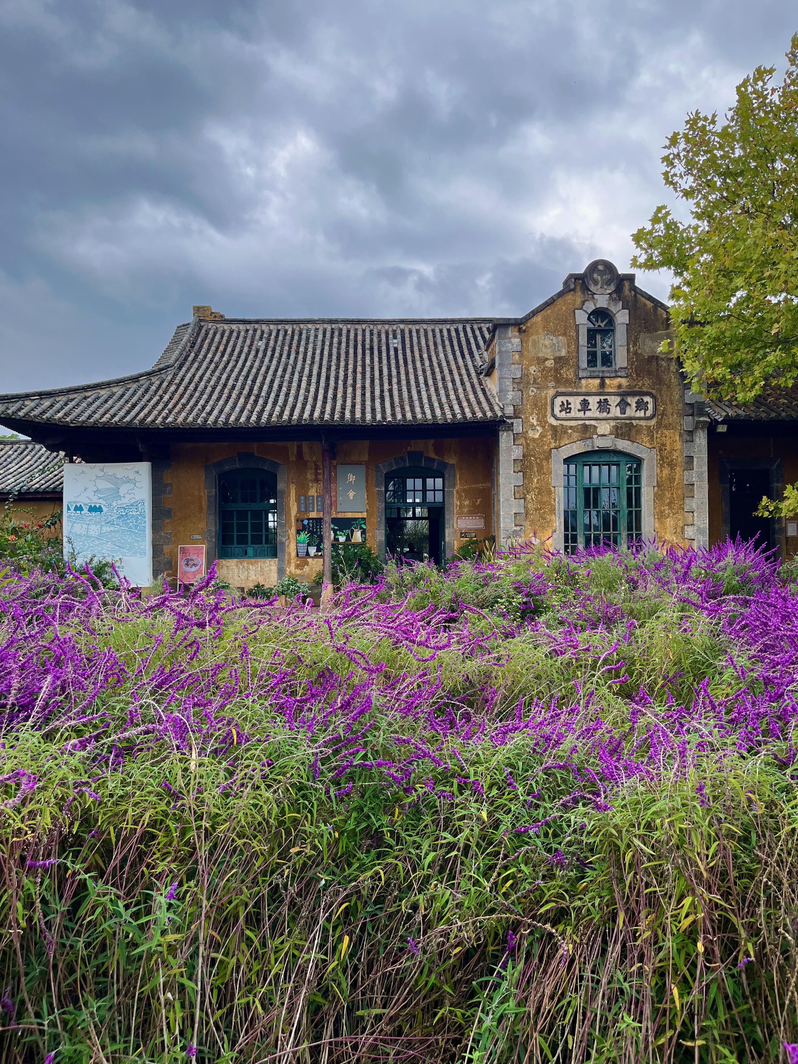 Ancienne gare de Tuanshan, près de Jianshui, façade en pierre entourée de fleurs violettes