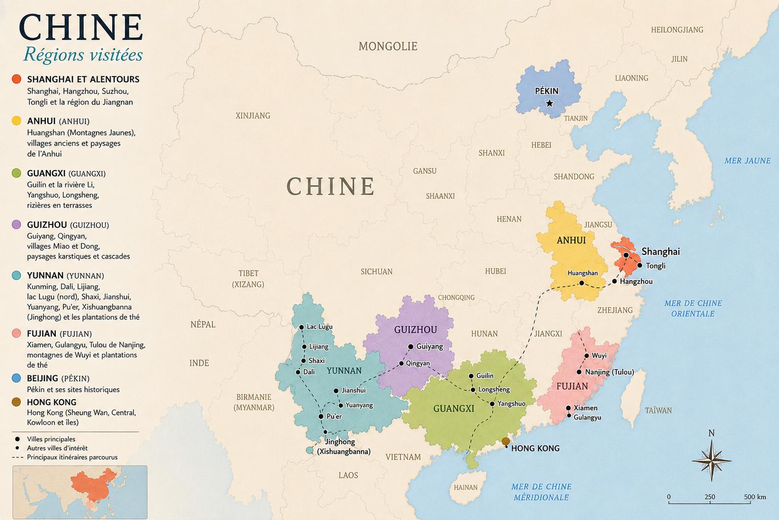 Carte de la Chine avec les régions visitées : Shanghai et le Jiangnan, Anhui, Guangxi, Guizhou, Yunnan, Fujian, Pékin et Hong Kong